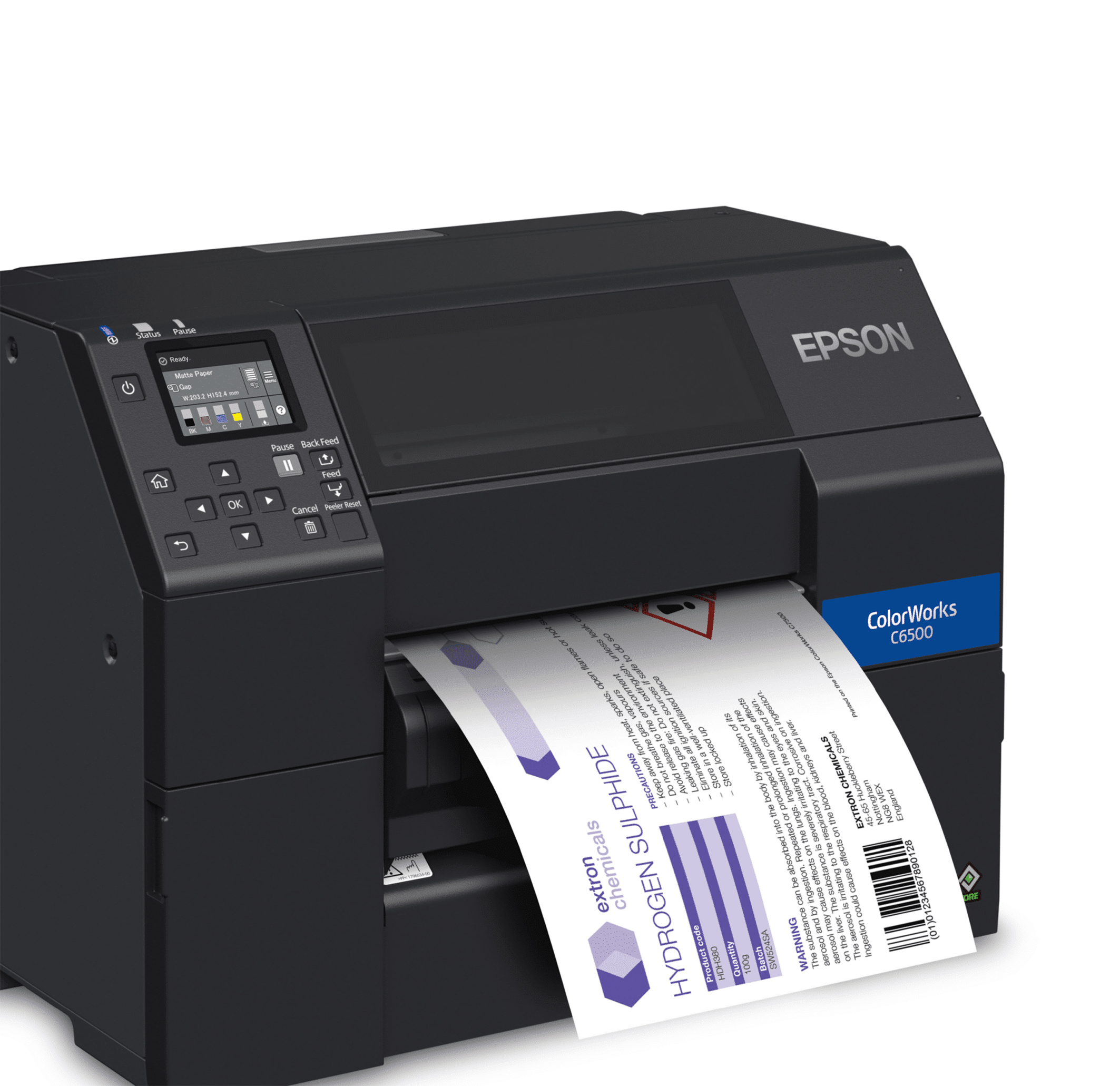epson-colorworks-c6500ae-2-mid ColorWorks C6500Ae label printer, with coloured sample of 8" width