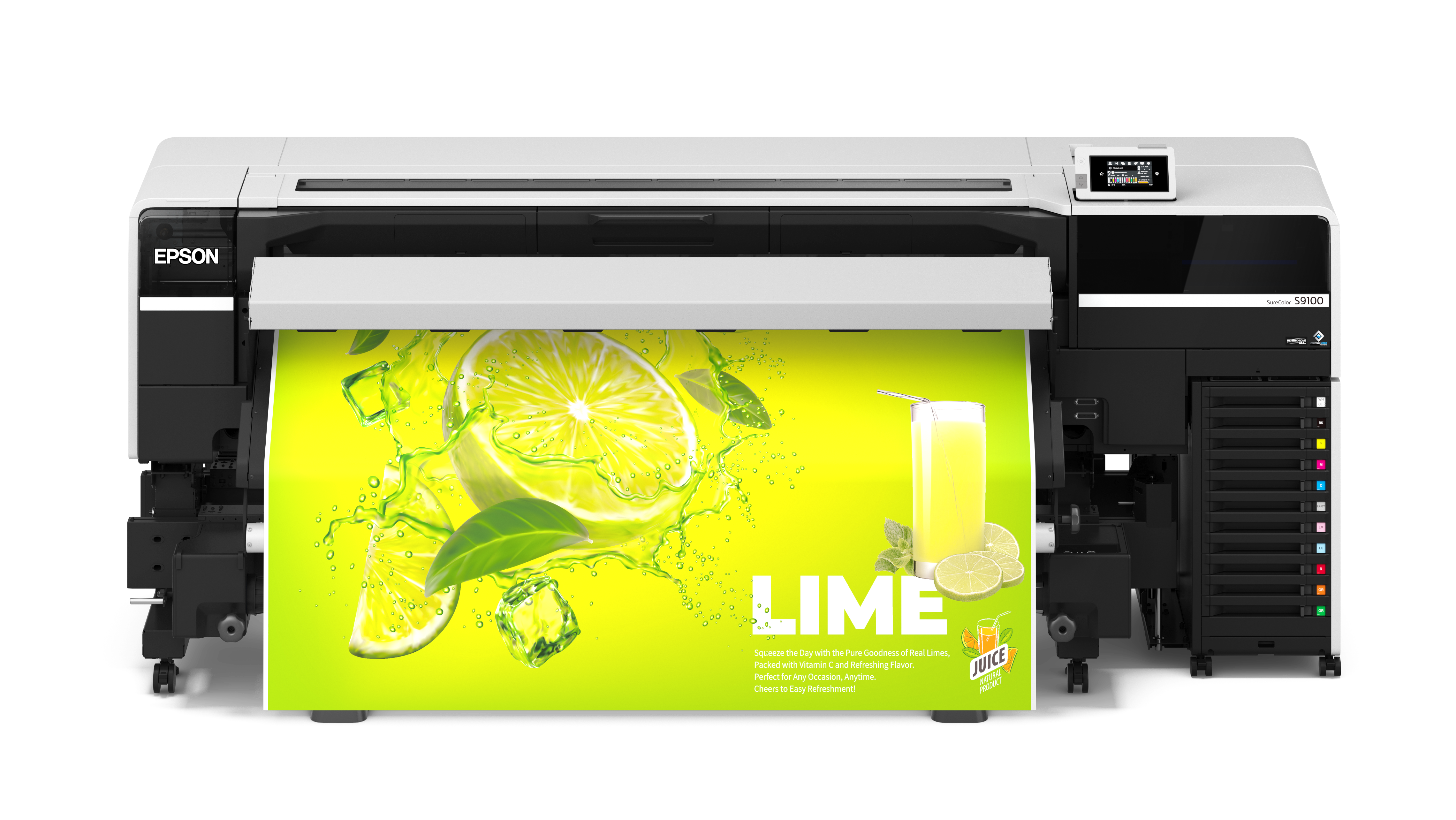 s9100_hiratsuka_front_new_hr SureColor S9100 printing a fluor-inked sample with green and yellow tones